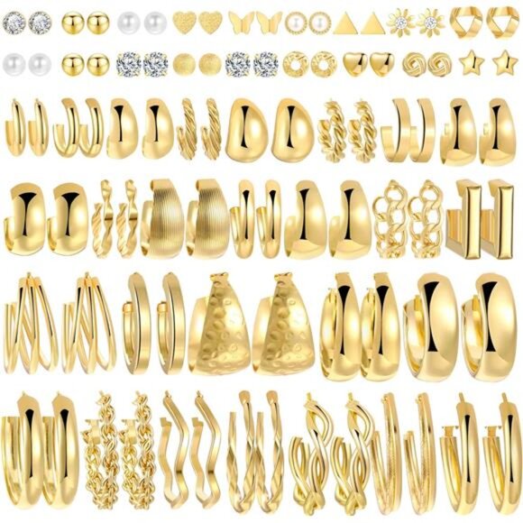 45 Pairs Gold Hoop Earrings Set for Women Multipack, Hypoallergenic Chunky - Picture 1 of 6